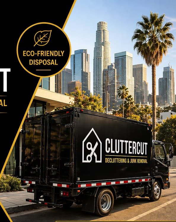 Cluttercut junk removal truck parked on a Los Angeles street with the downtown skyline and palm trees behind it